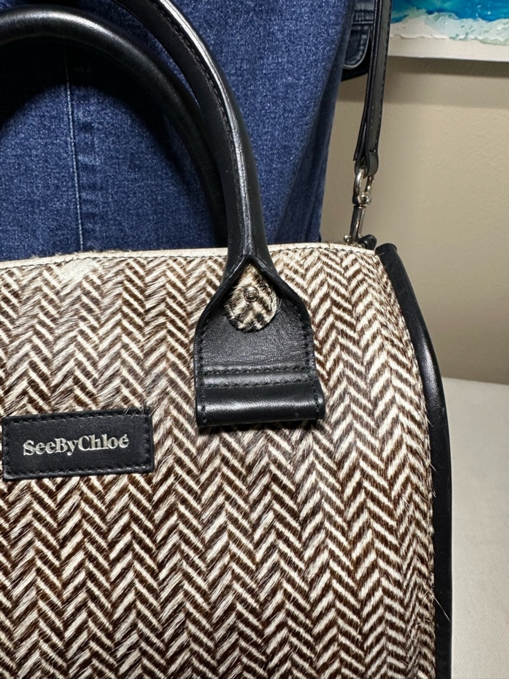 See By Chloé “April” Brown & Black Herringbone Calf Hair Satchel and Dusty - Picture 5 of 15